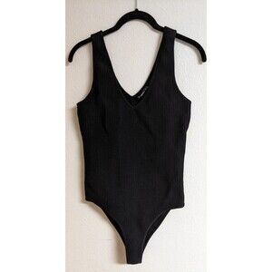 Women's SINCERELY JULES Black Thick Stretch Ribbed Deep V-Neck Bodysuit Large